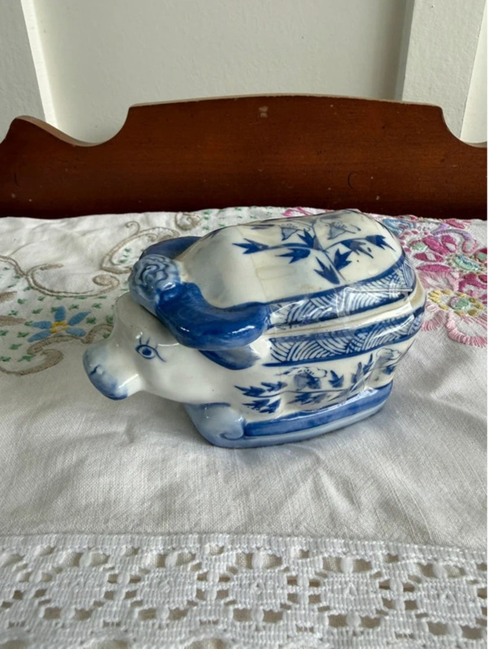 Vintage blue and white porcelain ox lidded trinket box